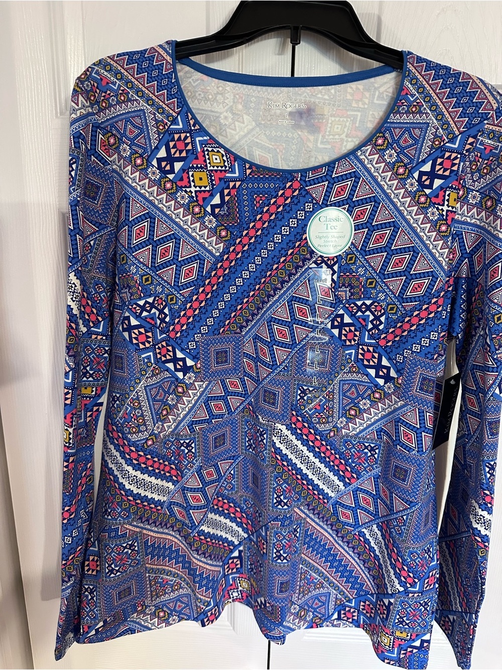 L Woman’s Kim Rogers Classic Blue Multicolor Geo-Print Long Sleeve Tee NWT